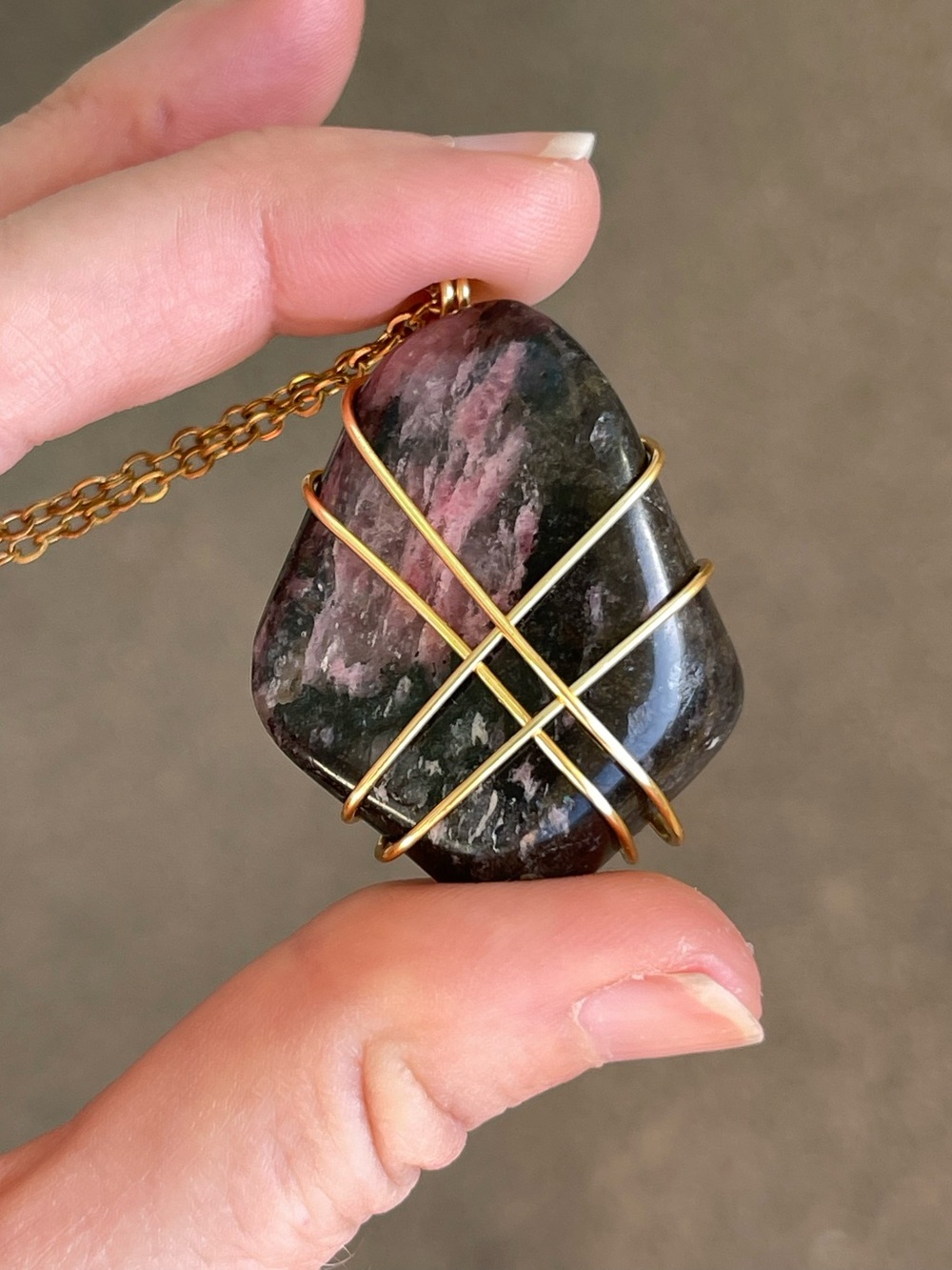 Madagascar Rhodonite Stainless Steel Gold Plated Chain Handmade